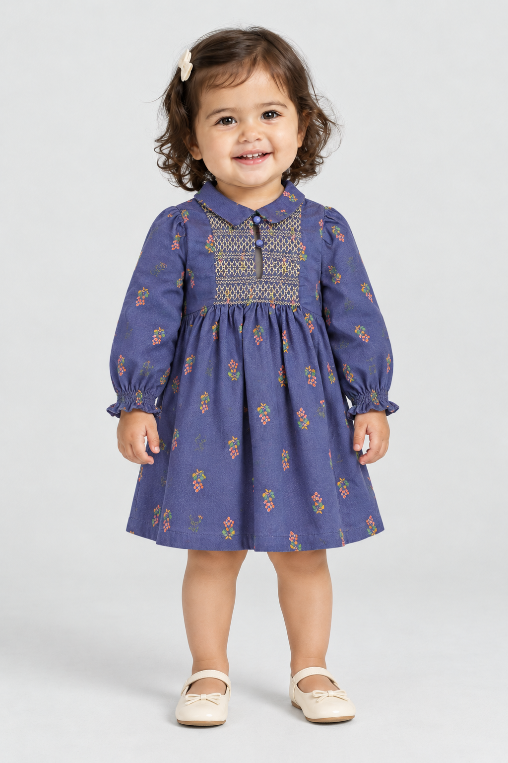 فستان بناتي رضع بازرار مع نقشة — front model view