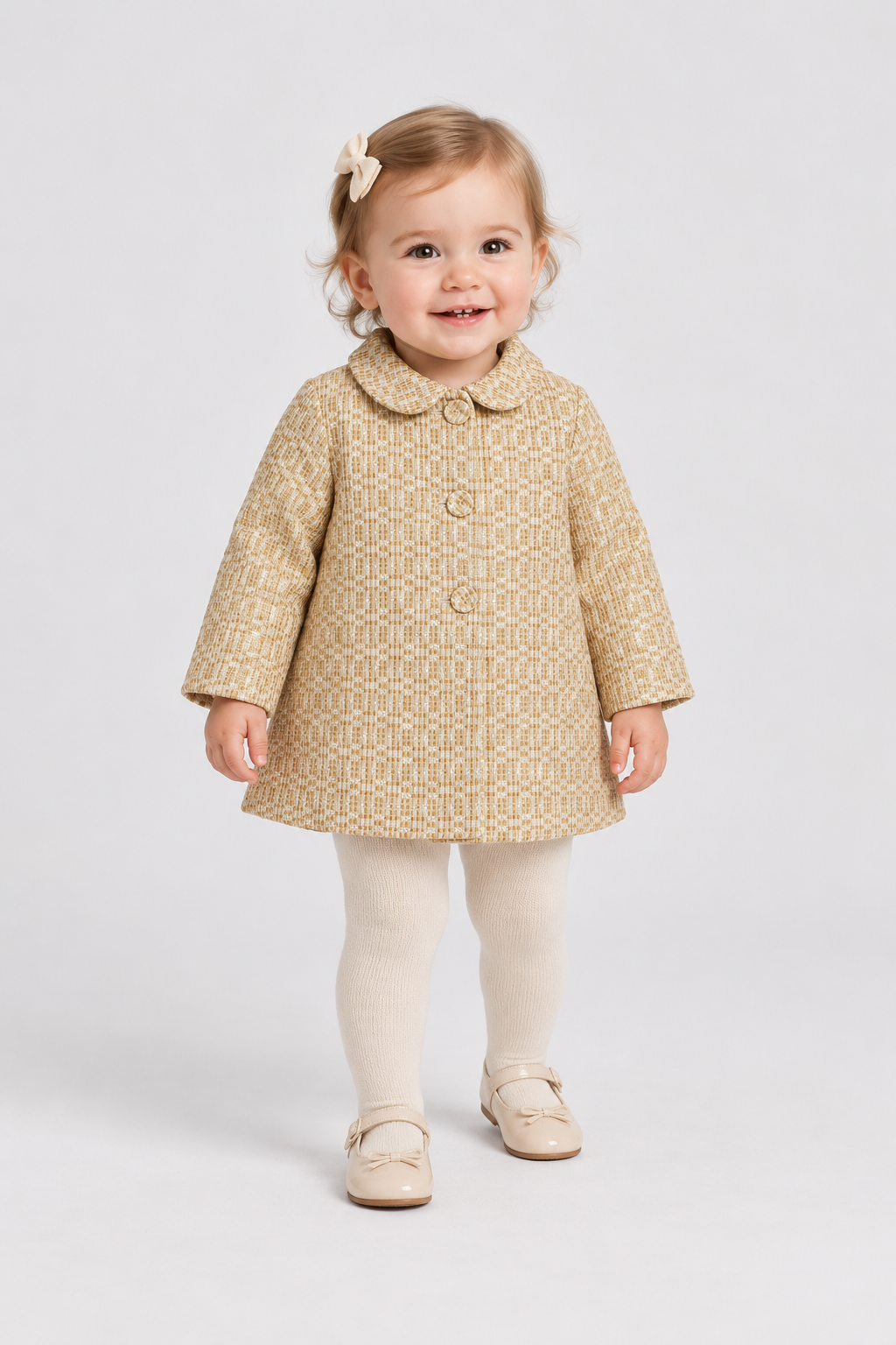 IGJK0037 gold textured baby coat, front model view