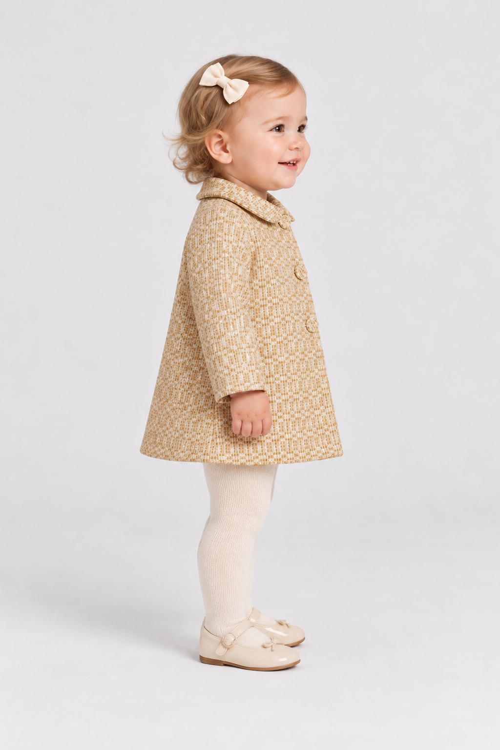IGJK0037 gold textured baby coat, right model view