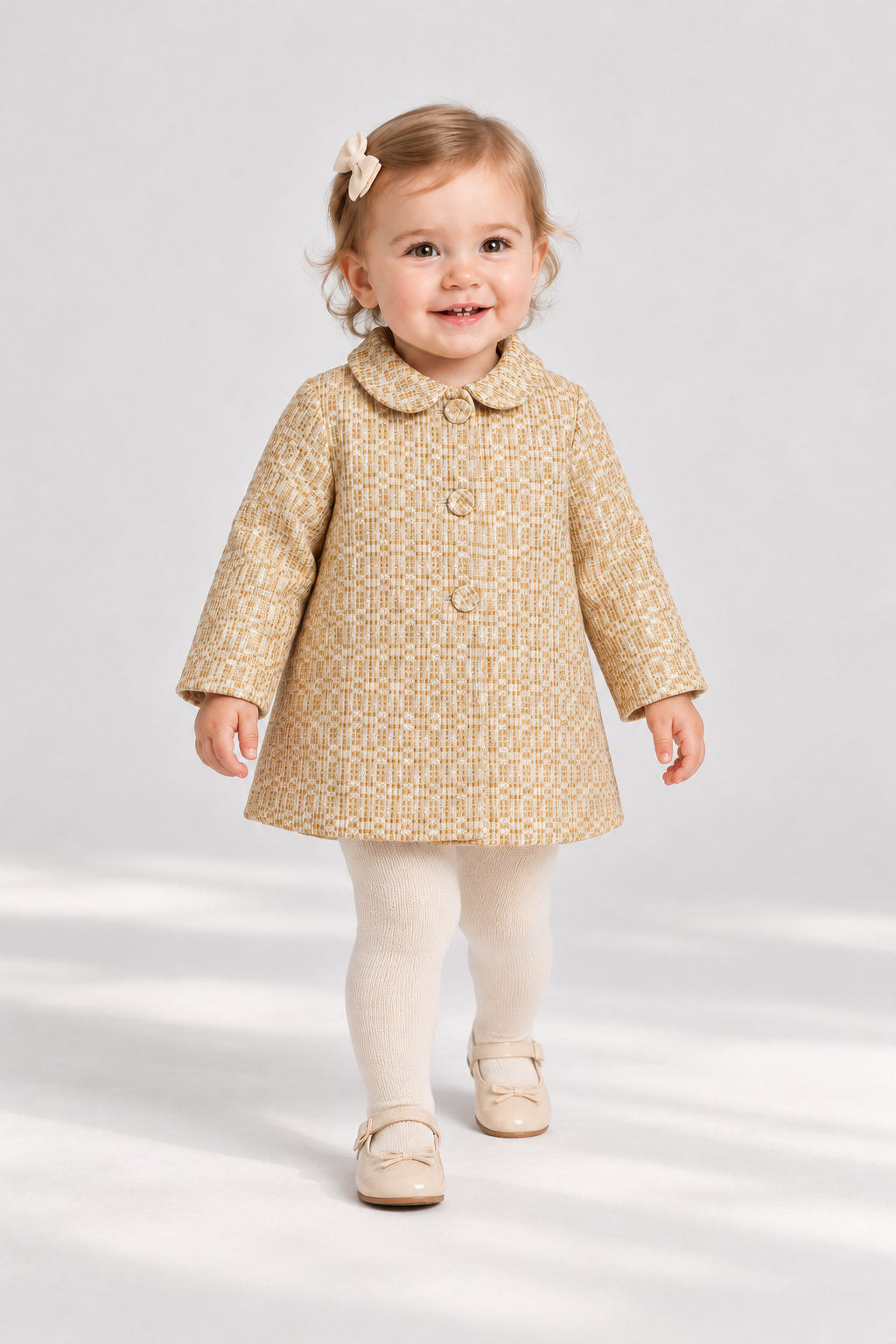 IGJK0037 gold textured baby coat, lifestyle view