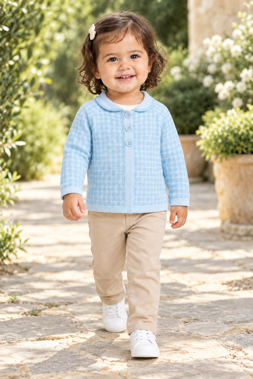 جاكيت اطفال رضع بناتي بنمط مربعات وأزرار أمامية, light-blue, lifestyle model view