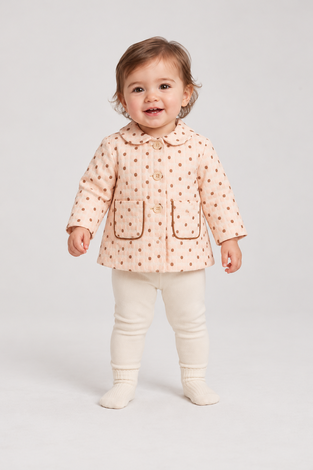 Front baby girl model view of Gingersnaps dotted jacket
