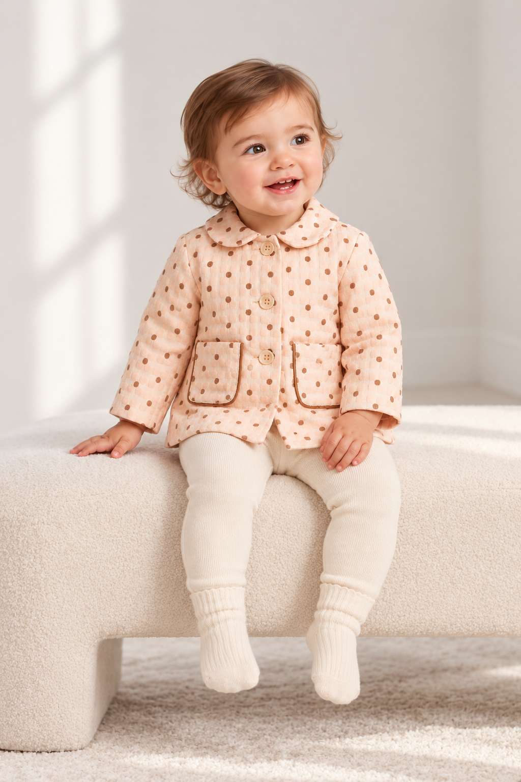 Lifestyle baby girl model view of Gingersnaps dotted jacket