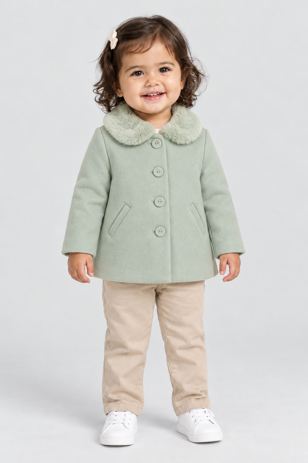 جاكت بناتي رضع بأزرار بياقة فرو, green, front model view