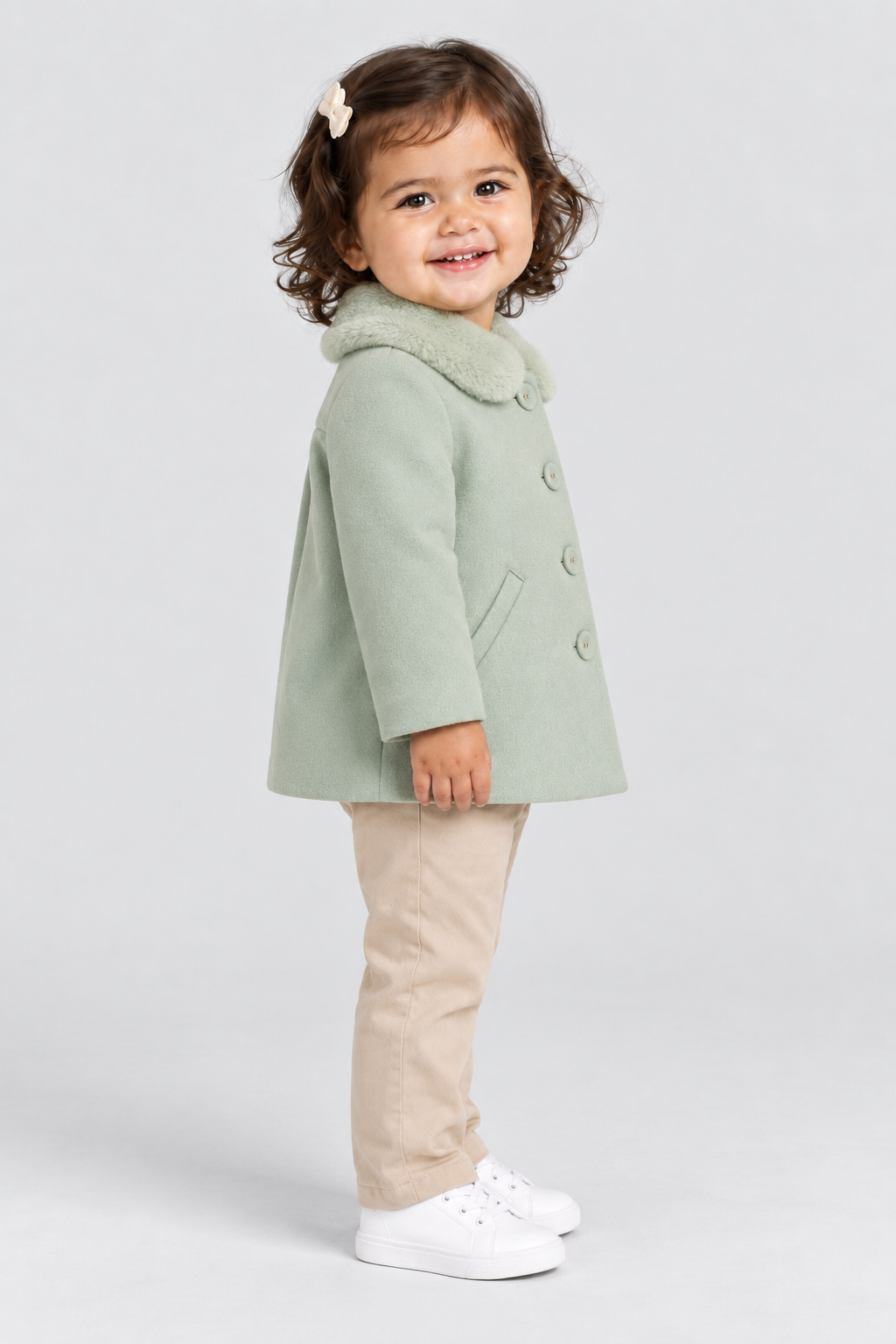 جاكت بناتي رضع بأزرار بياقة فرو, green, side model view