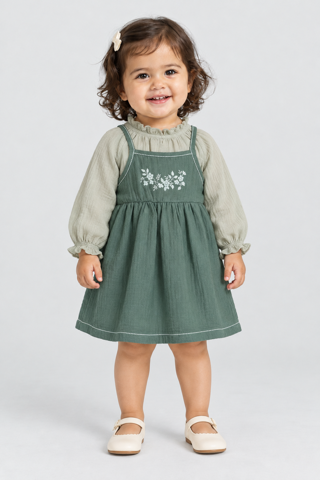 طقم فستان بناتي رضع حمالات وبلوزة كم — front model view