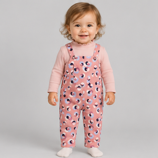 igkjsset0003 front view, infant girls printed overalls with pink top on toddler model