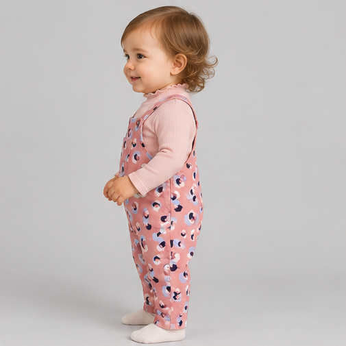igkjsset0003 left view, infant girls printed overalls with pink top on toddler model