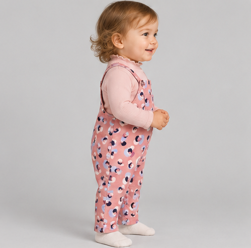 igkjsset0003 right view, infant girls printed overalls with pink top on toddler model