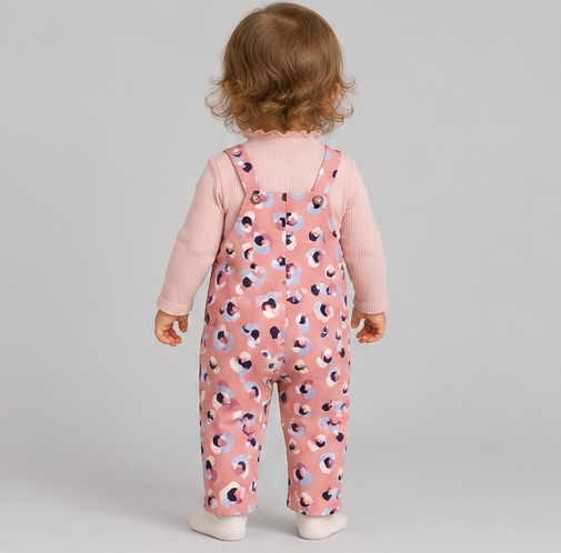 igkjsset0003 back view, infant girls printed overalls with pink top on toddler model