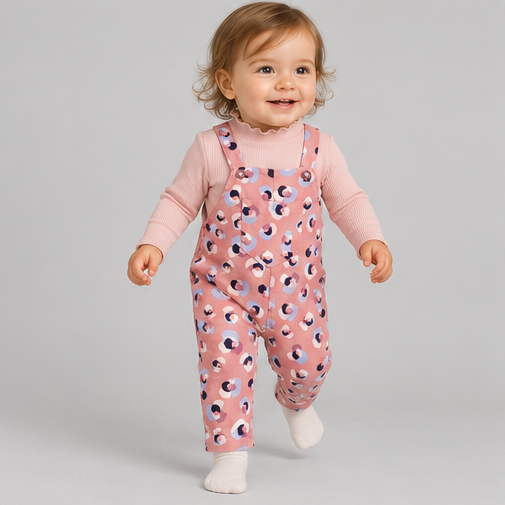igkjsset0003 lifestyle view, infant girls printed overalls with pink top on toddler model