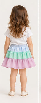 Girls toddler model back view wearing Gingersnaps pastel tiered skirt