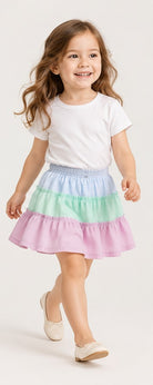 Girls toddler model lifestyle view wearing Gingersnaps pastel tiered skirt
