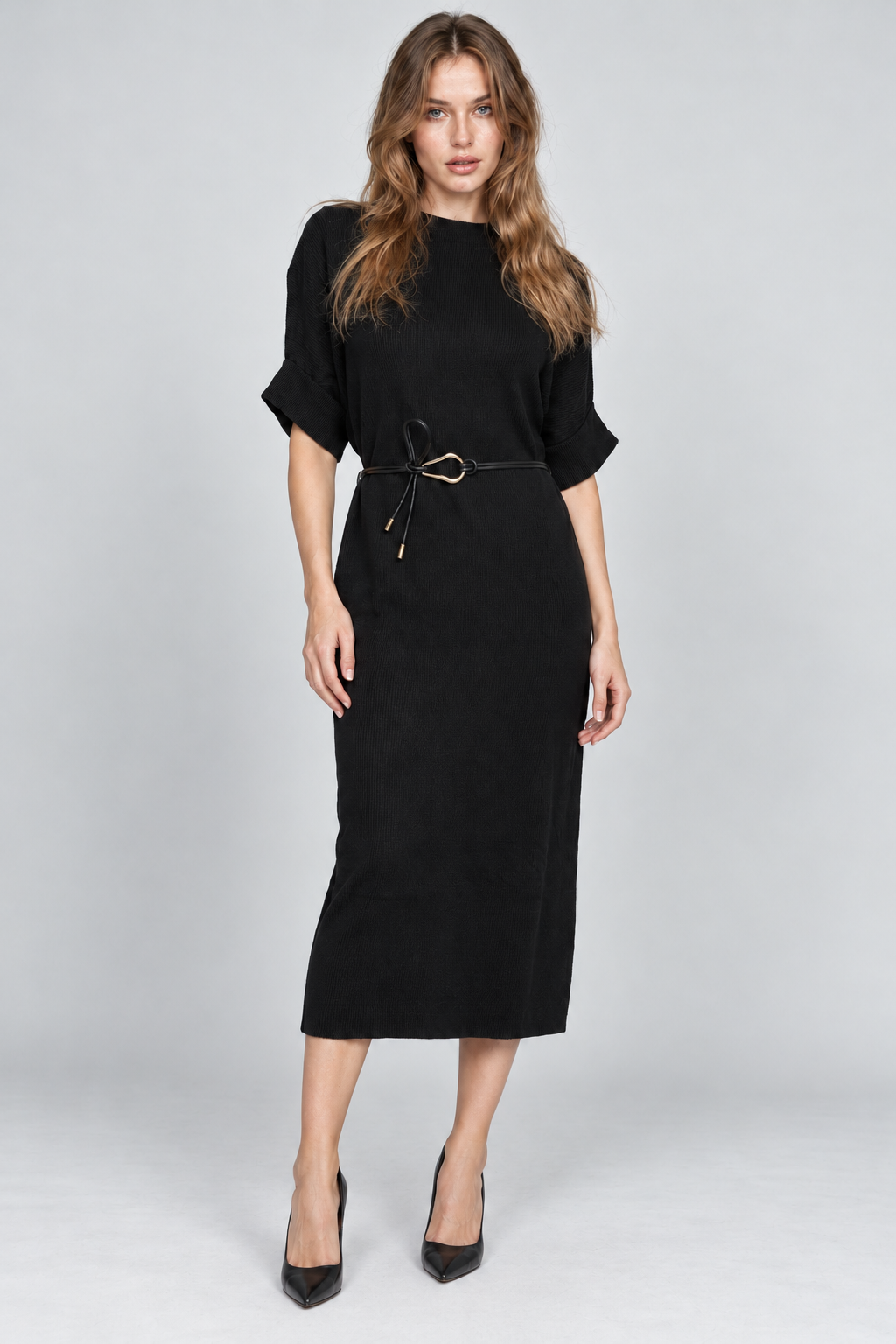 Garment-focused front view - black midi dress - Natalie