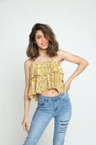 كيتشن بلوزة طبقات منقوشة بحاملات نص بطن نسائي أصفر الخردل