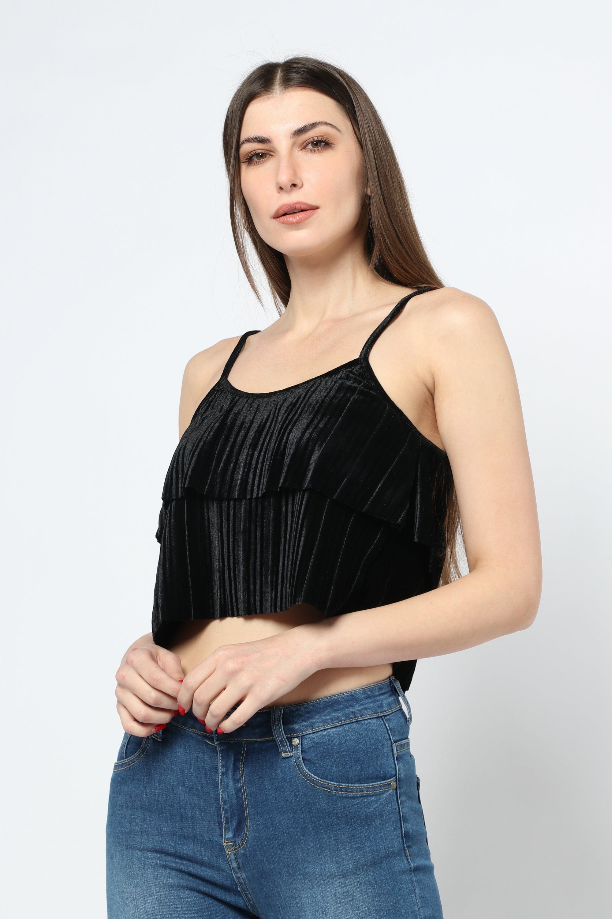 كيتشن بلوزة نص بطن سوداء حمالات نسائي أسود