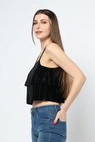 كيتشن بلوزة نص بطن سوداء حمالات نسائي أسود