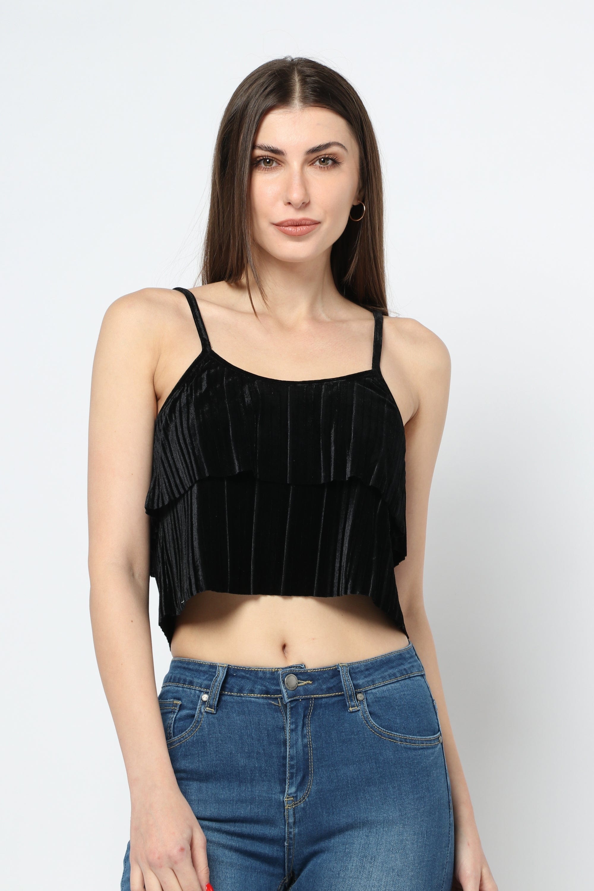 كيتشن بلوزة نص بطن سوداء حمالات نسائي أسود