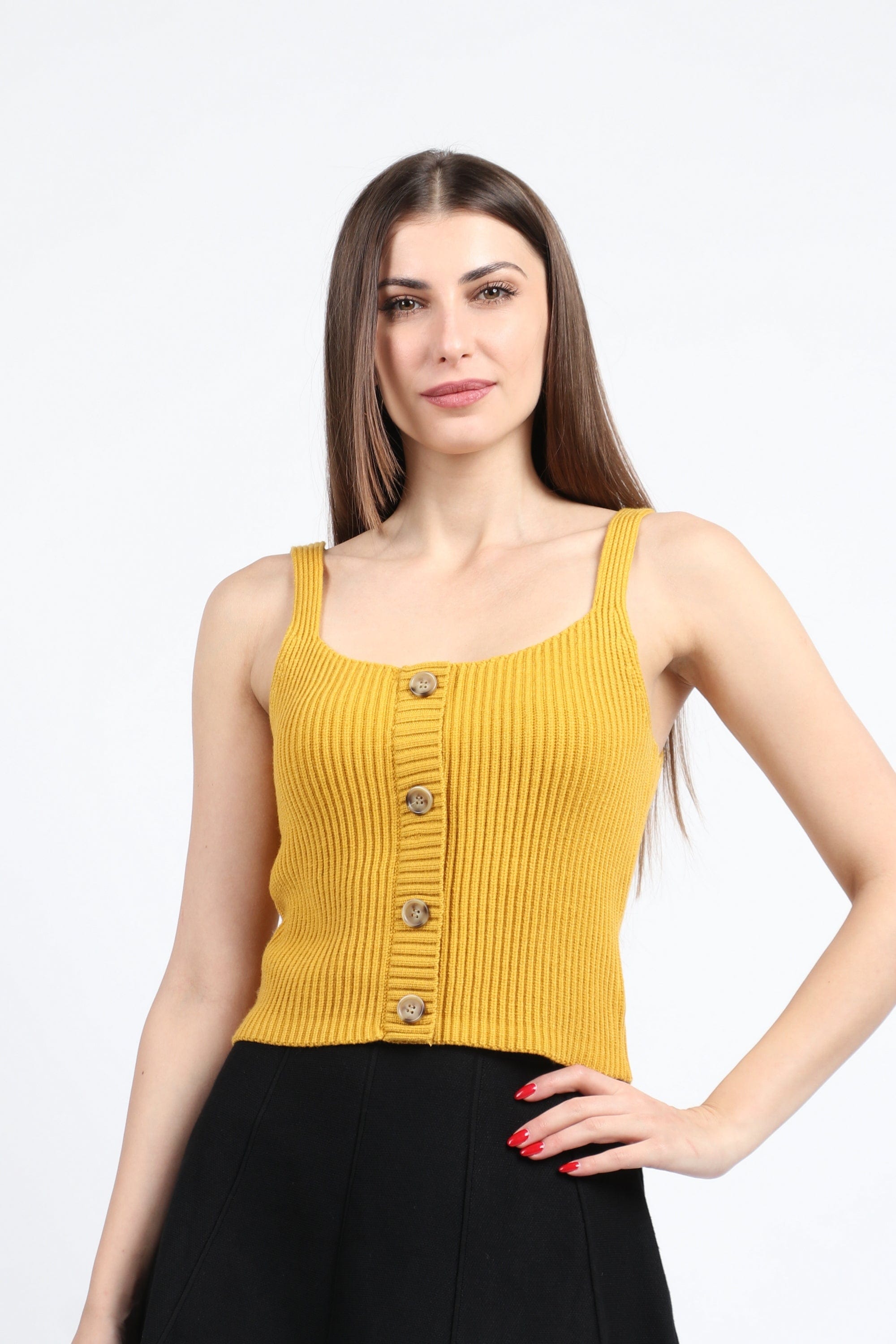 كيتشن بلوزة بدون أكمام مضلع سادة بأزرار أمامية