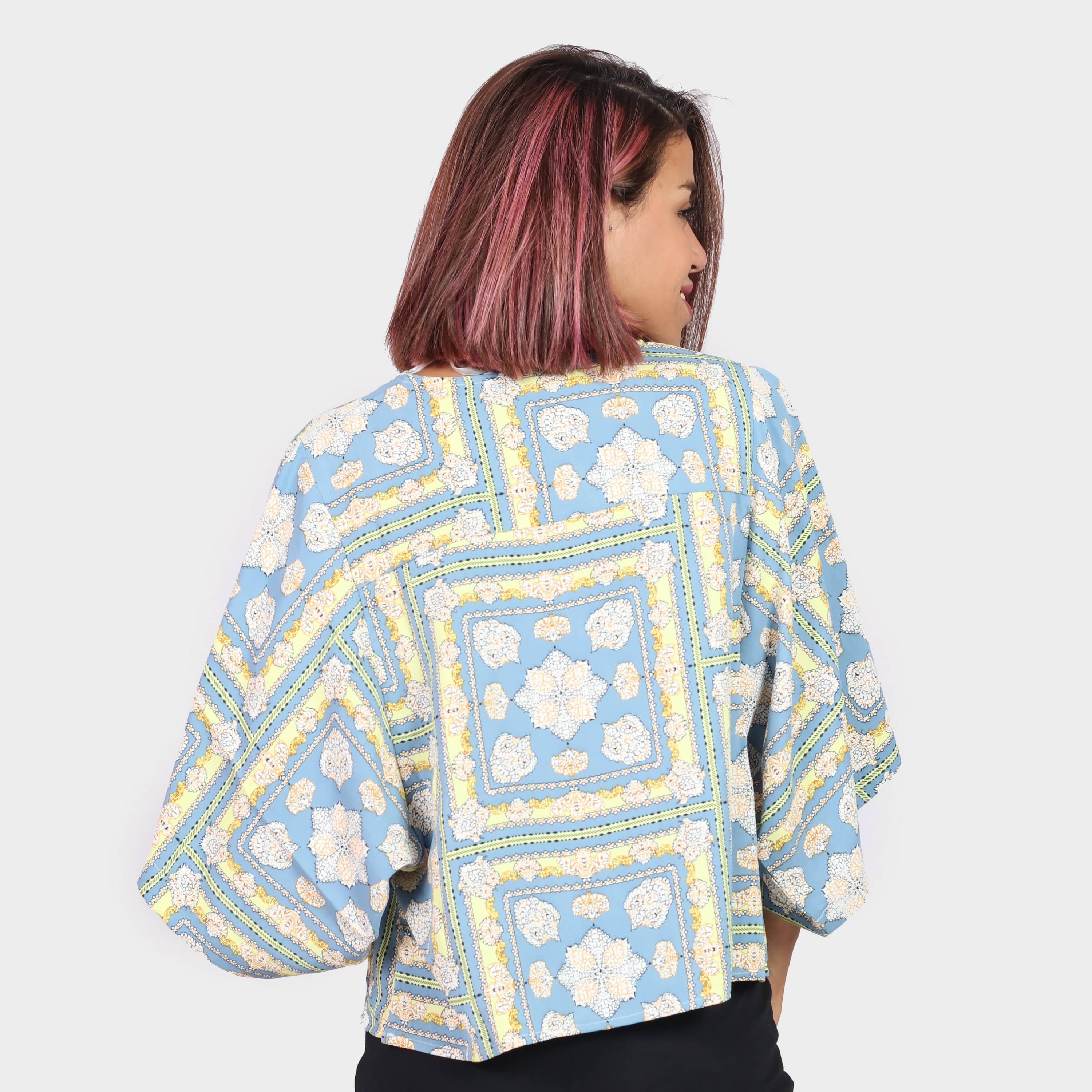 كيتشن بلوزة حرير منقوش أوفر سايز نسائي أزرق