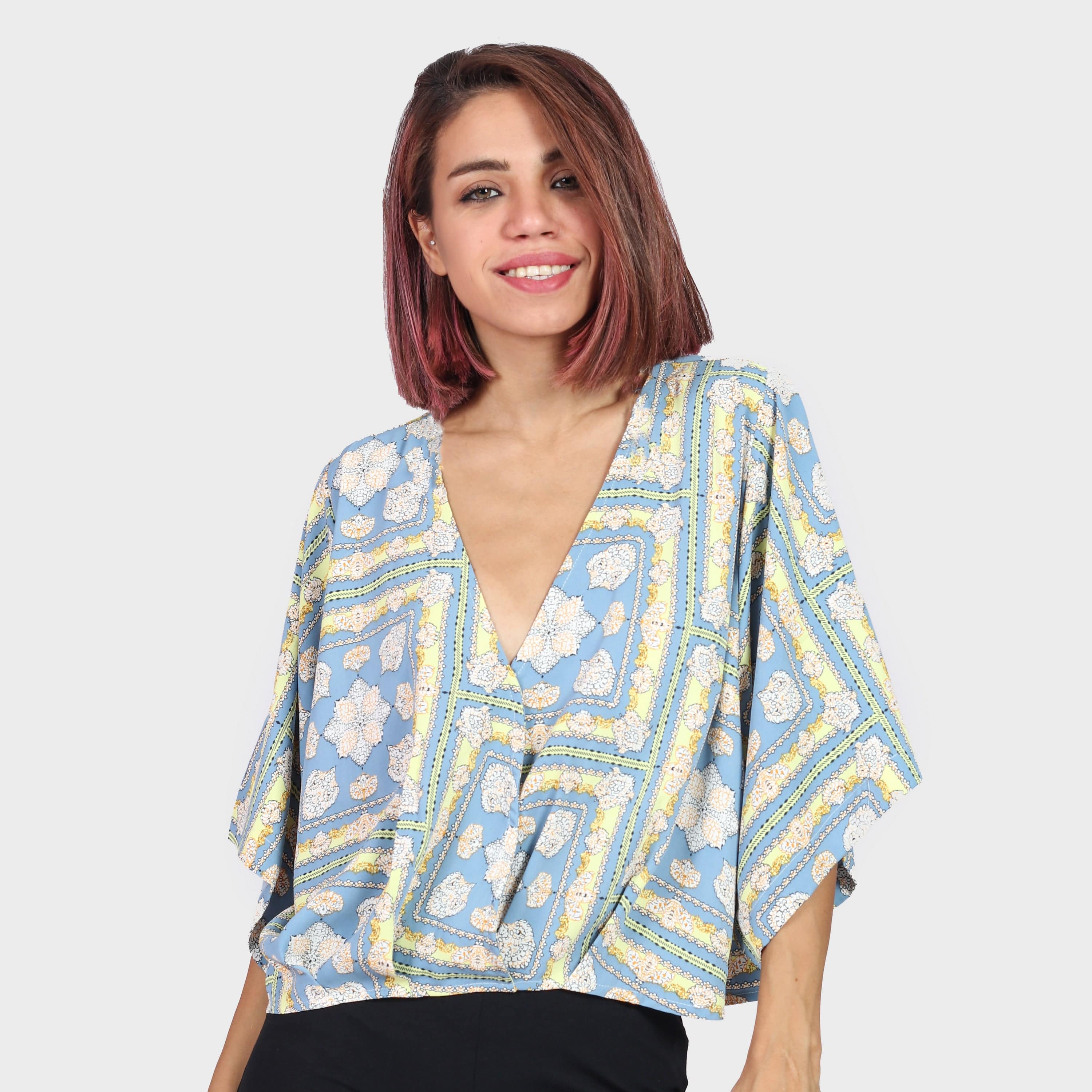 كيتشن بلوزة حرير منقوش أوفر سايز نسائي أزرق