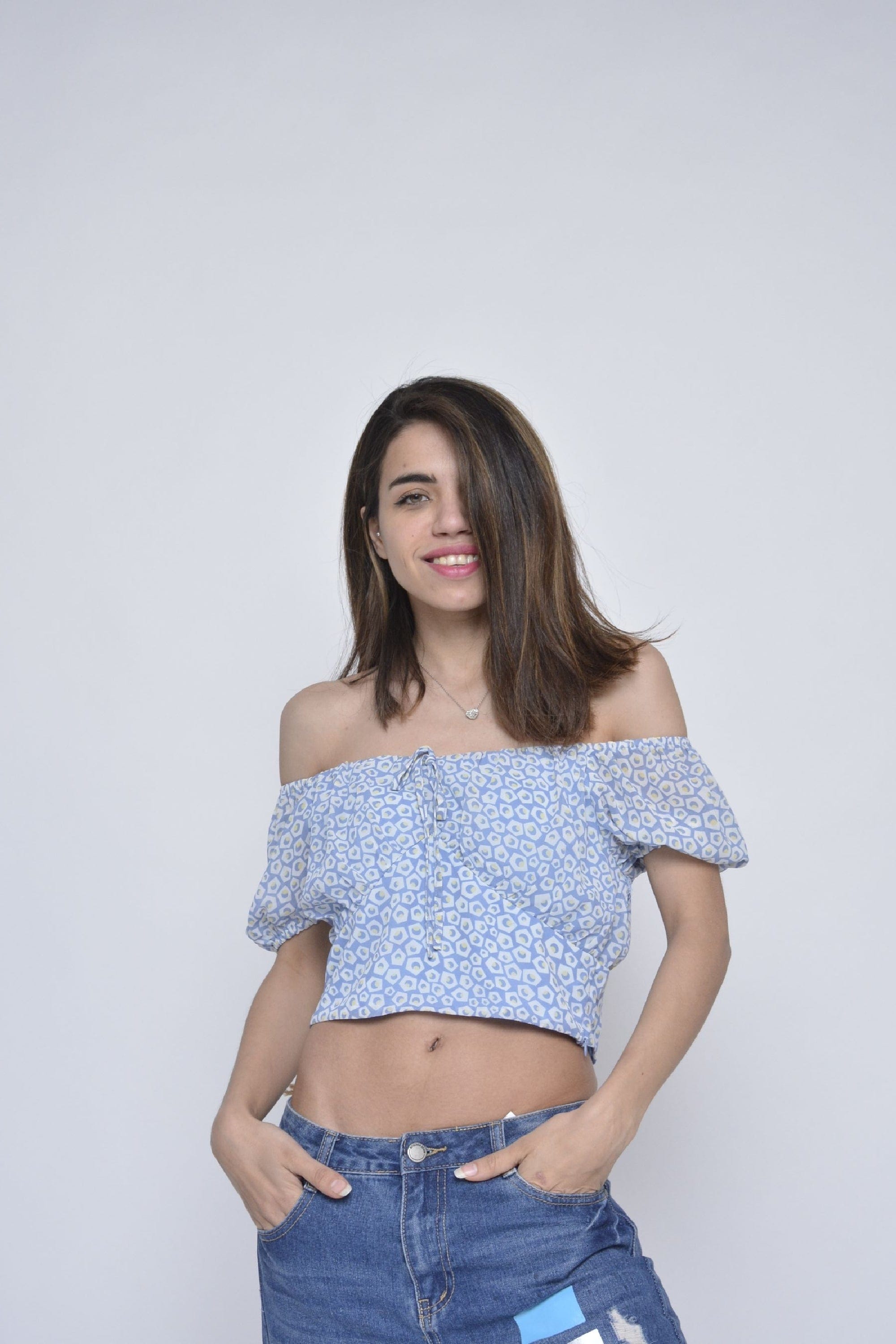 كيتشن بلوزة زرقاء مشجرة قصيرة أوف شولدر نسائي أزرق