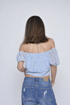 كيتشن بلوزة زرقاء مشجرة قصيرة أوف شولدر نسائي أزرق