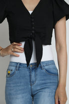 كيتشن بلوزة قصيرة أزرار أمامية سبعة كم قصيرة بف نسائي