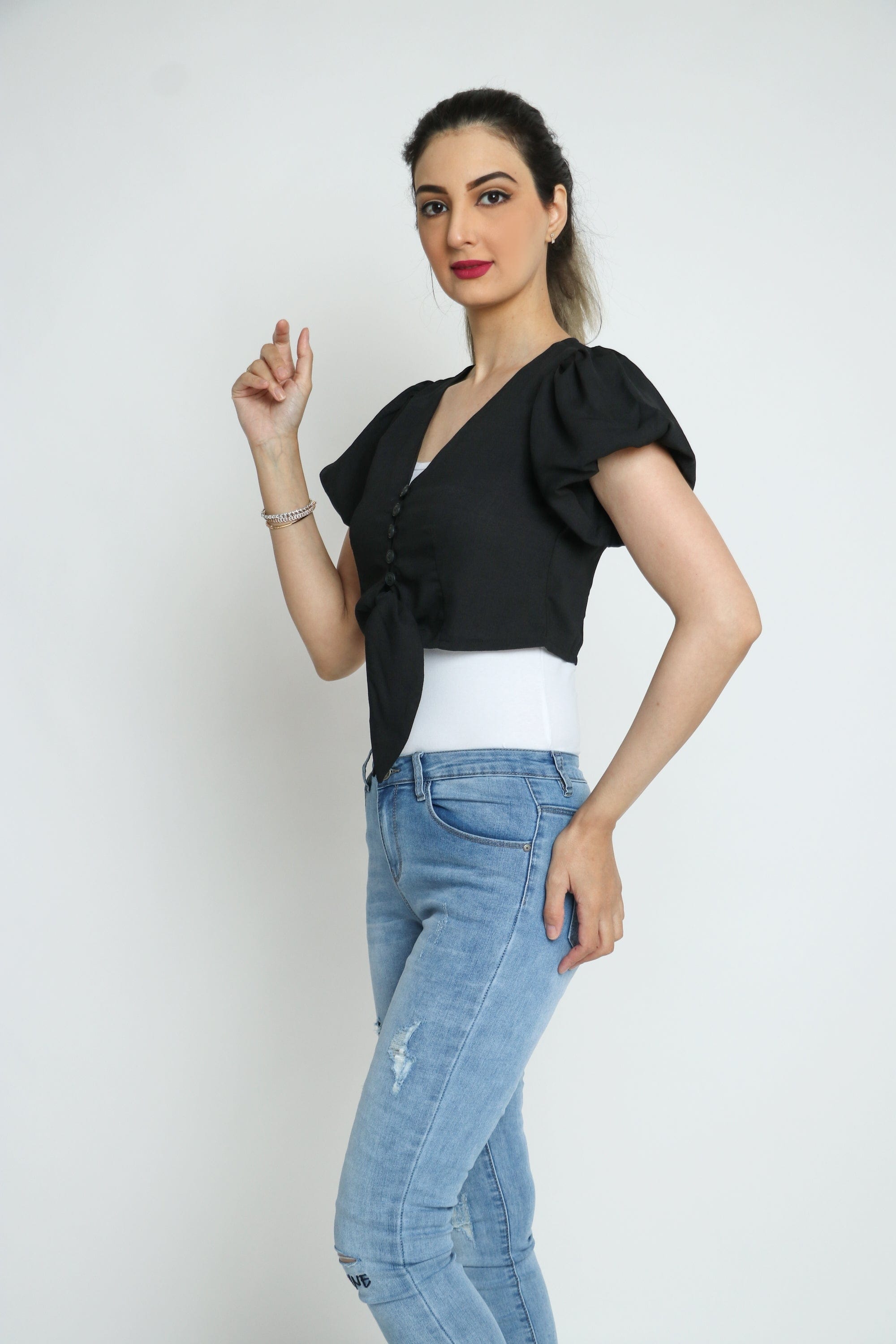 كيتشن بلوزة قصيرة أزرار أمامية سبعة كم قصيرة بف نسائي