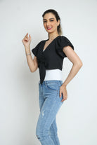 كيتشن بلوزة قصيرة أزرار أمامية سبعة كم قصيرة بف نسائي