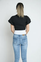 كيتشن بلوزة قصيرة أزرار أمامية سبعة كم قصيرة بف نسائي