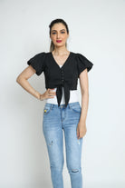 كيتشن بلوزة قصيرة أزرار أمامية سبعة كم قصيرة بف نسائي