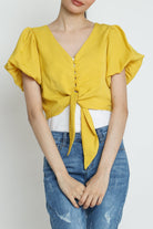 كيتشن بلوزة قصيرة أزرار أمامية سبعة كم قصيرة بف نسائي