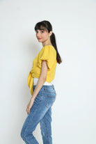 كيتشن بلوزة قصيرة أزرار أمامية سبعة كم قصيرة بف نسائي