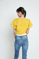 كيتشن بلوزة قصيرة أزرار أمامية سبعة كم قصيرة بف نسائي