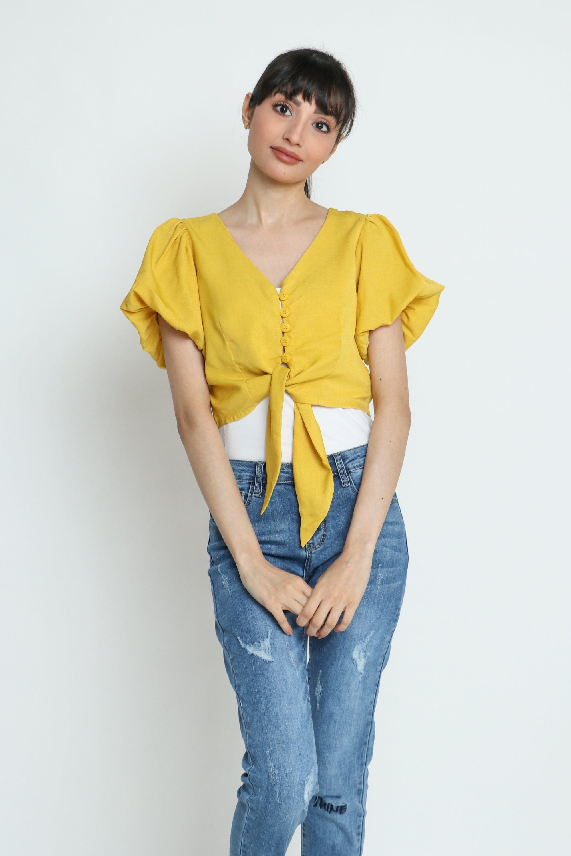 كيتشن بلوزة قصيرة أزرار أمامية سبعة كم قصيرة بف نسائي