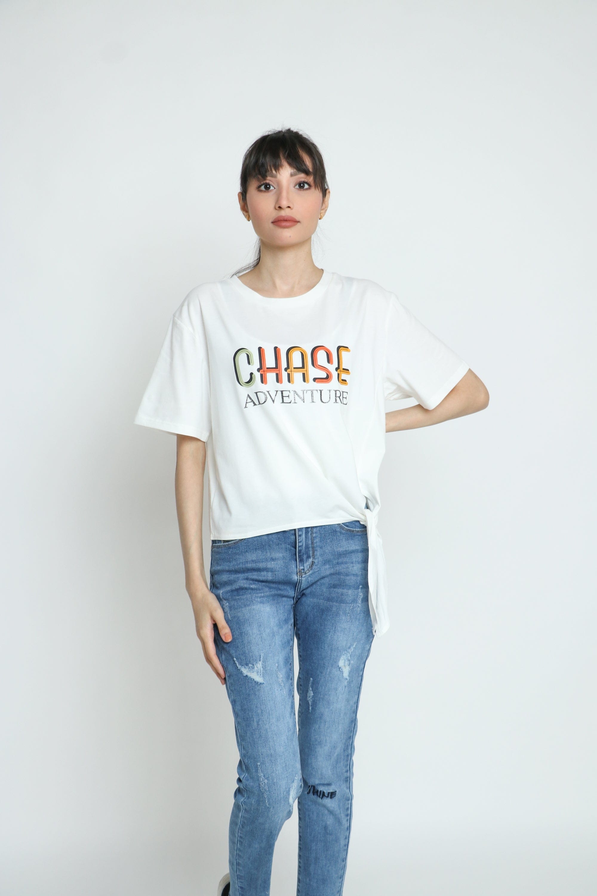 كيتشن بلوزة قطنية قصيرة برباط على الجنب نص كم نسائي