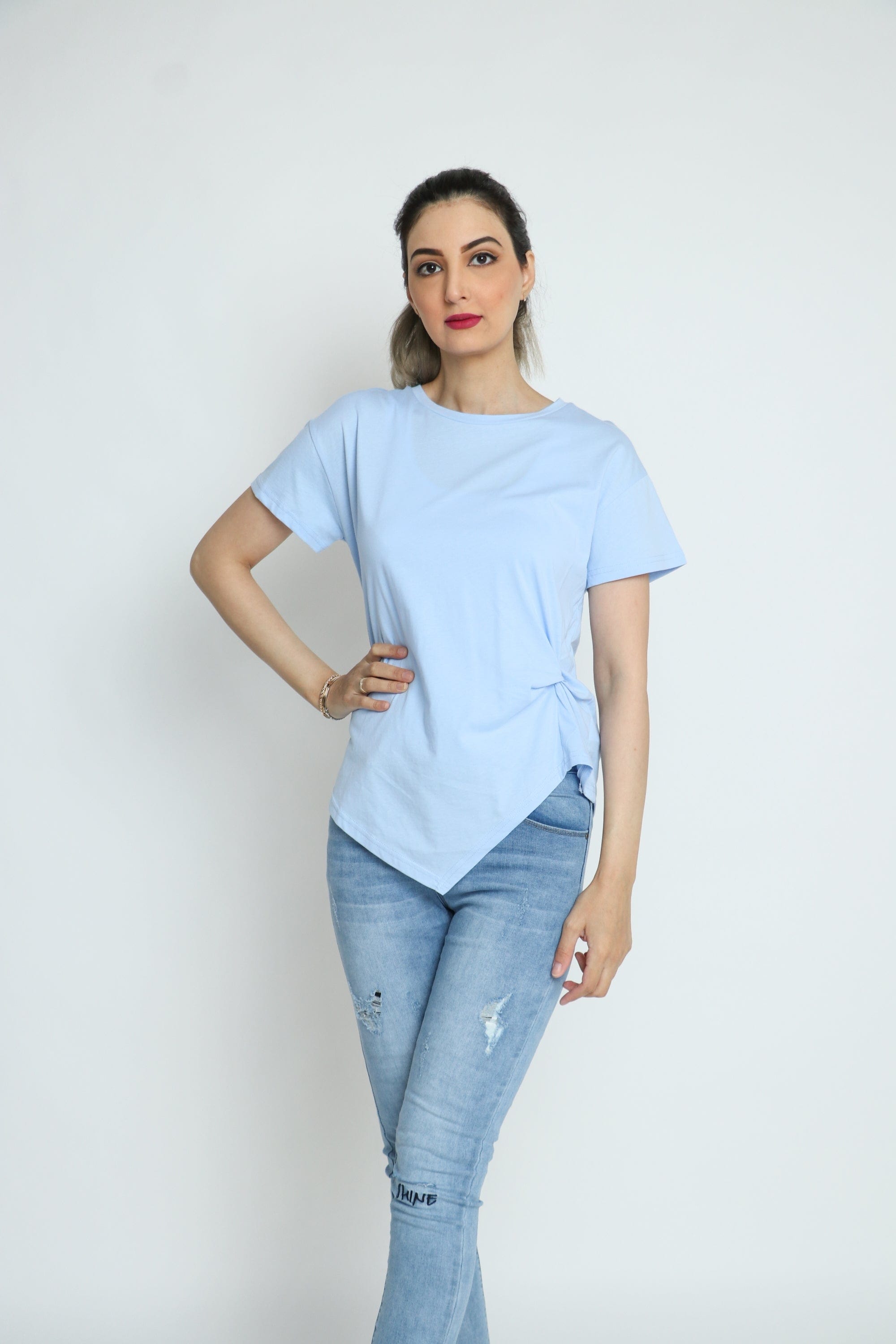 كيتشن بلوزة قطنية طويلة مع جانب قصير كم قصير نسائي