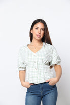 كيتشن بلوزة قصيرة الأكمام مربعات مخصرة