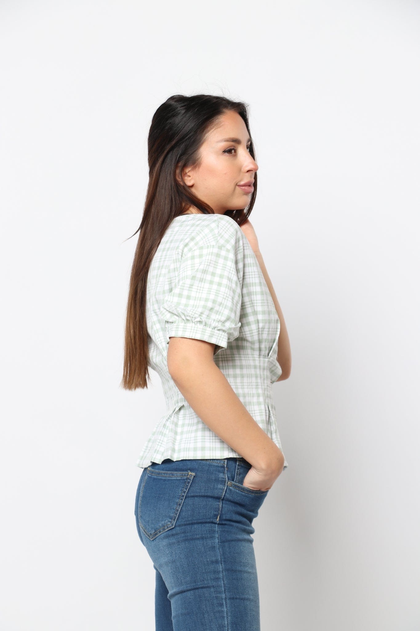 كيتشن بلوزة قصيرة الأكمام مربعات مخصرة