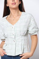 كيتشن بلوزة قصيرة الأكمام مربعات مخصرة