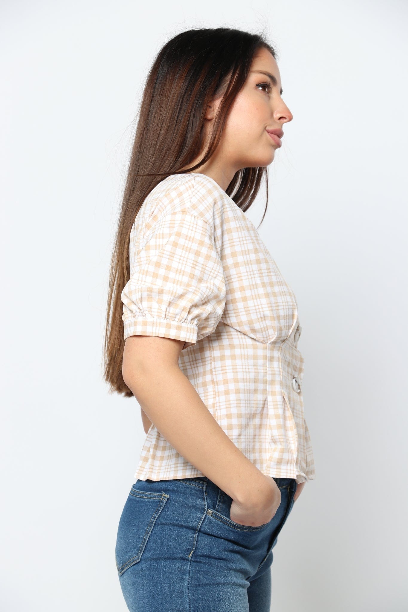 كيتشن بلوزة قصيرة الأكمام مربعات مخصرة