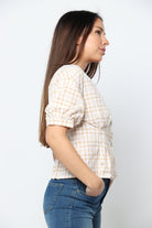 كيتشن بلوزة قصيرة الأكمام مربعات مخصرة