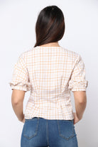 كيتشن بلوزة قصيرة الأكمام مربعات مخصرة