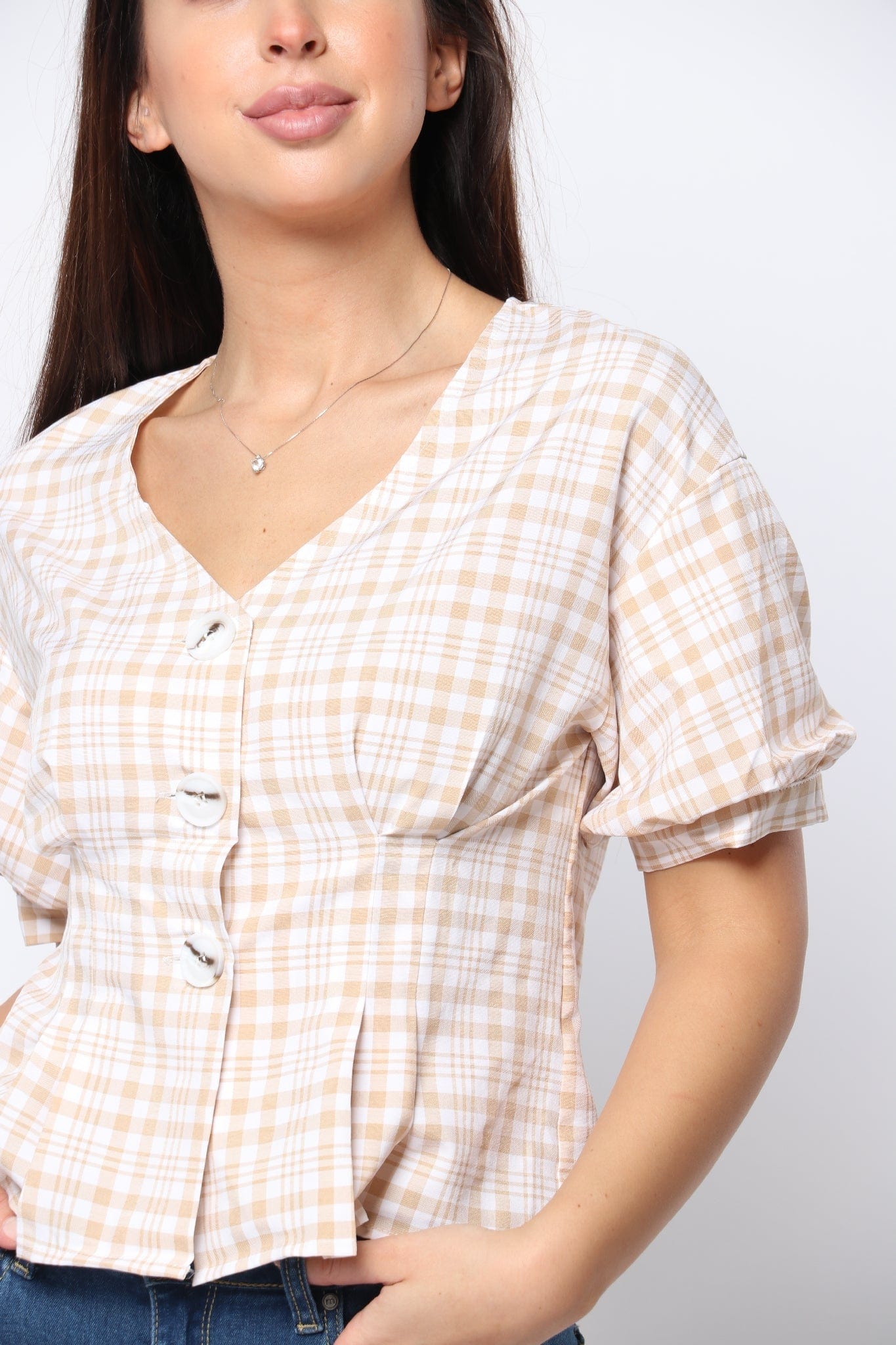 كيتشن بلوزة قصيرة الأكمام مربعات مخصرة