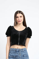 كيتشن بلوزة قصيرة الأكمام مضلع سادة خصر مرتفع أسود