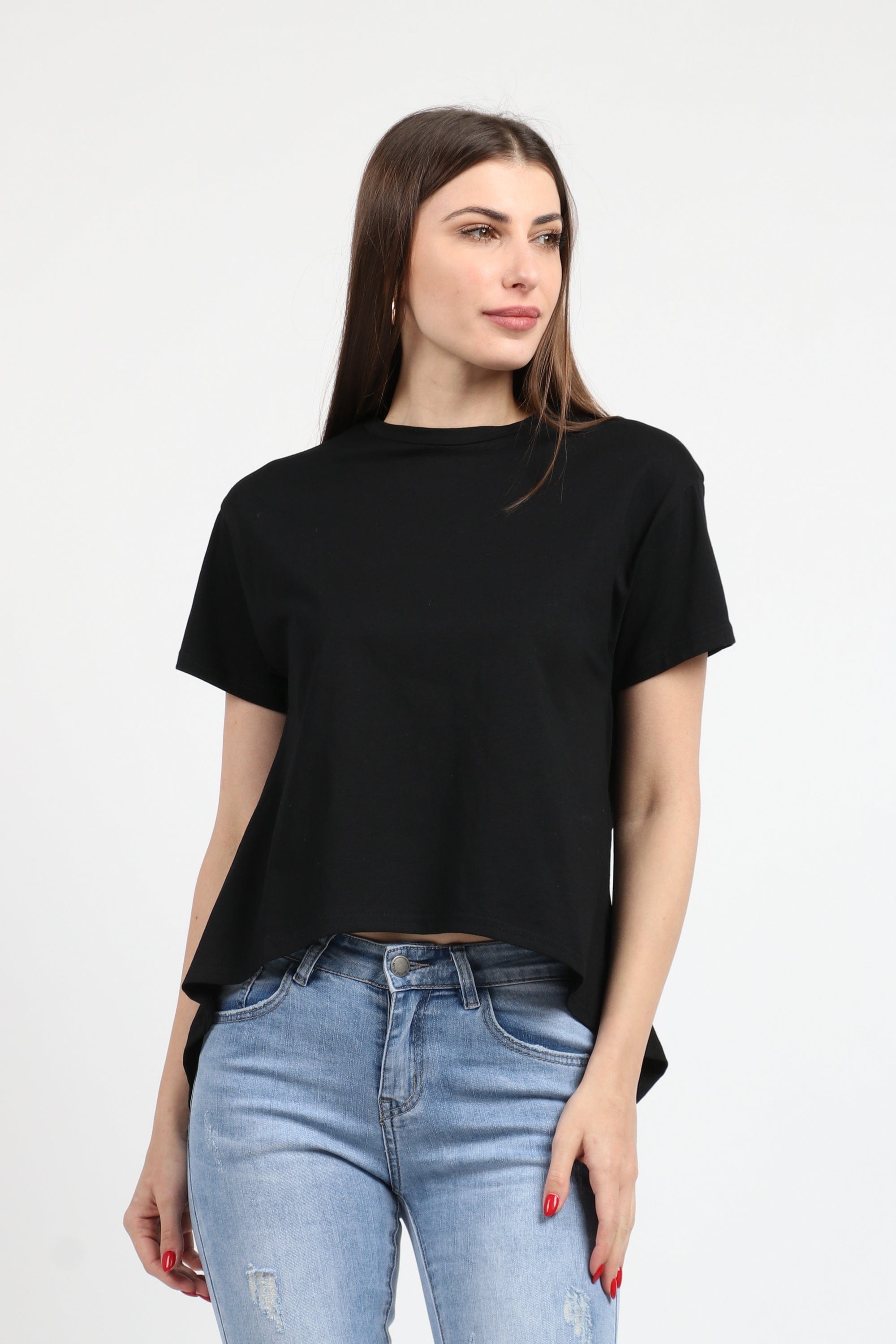 كيتشن بلوزة سادة قصيرة من الأمام طويل من الخلف كم قصير نسائي