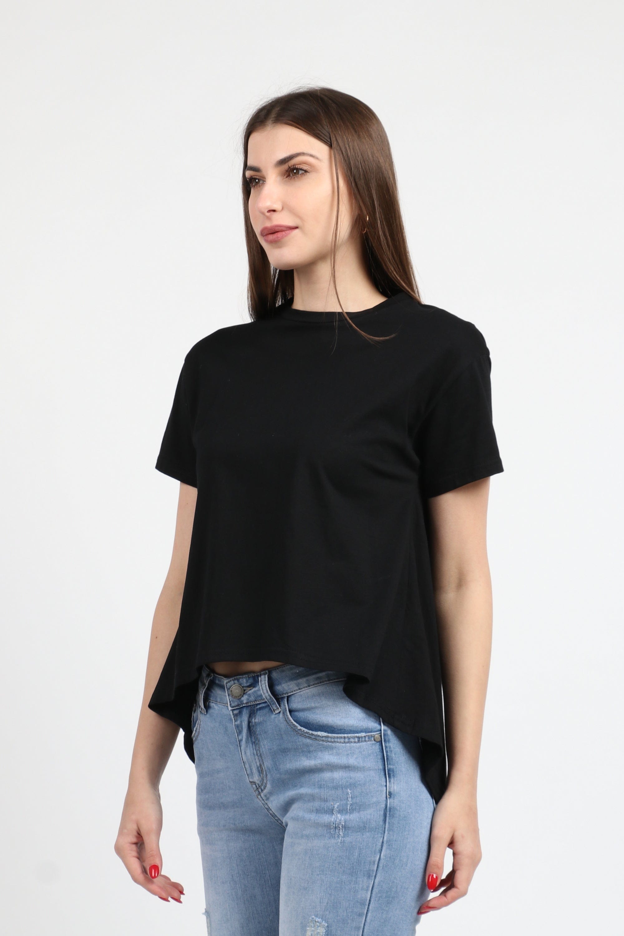 كيتشن بلوزة سادة قصيرة من الأمام طويل من الخلف كم قصير نسائي