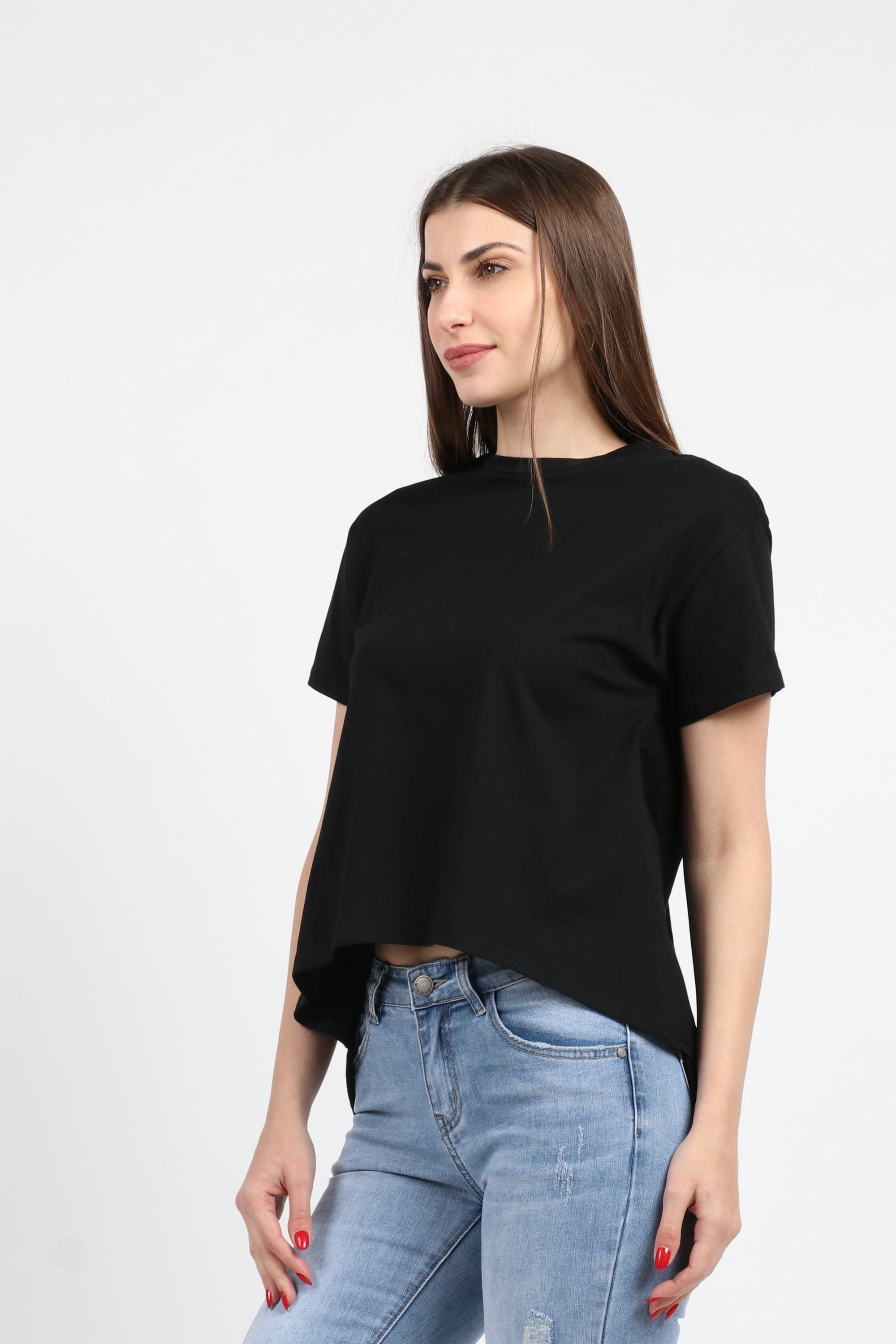 كيتشن بلوزة سادة قصيرة من الأمام طويل من الخلف كم قصير نسائي