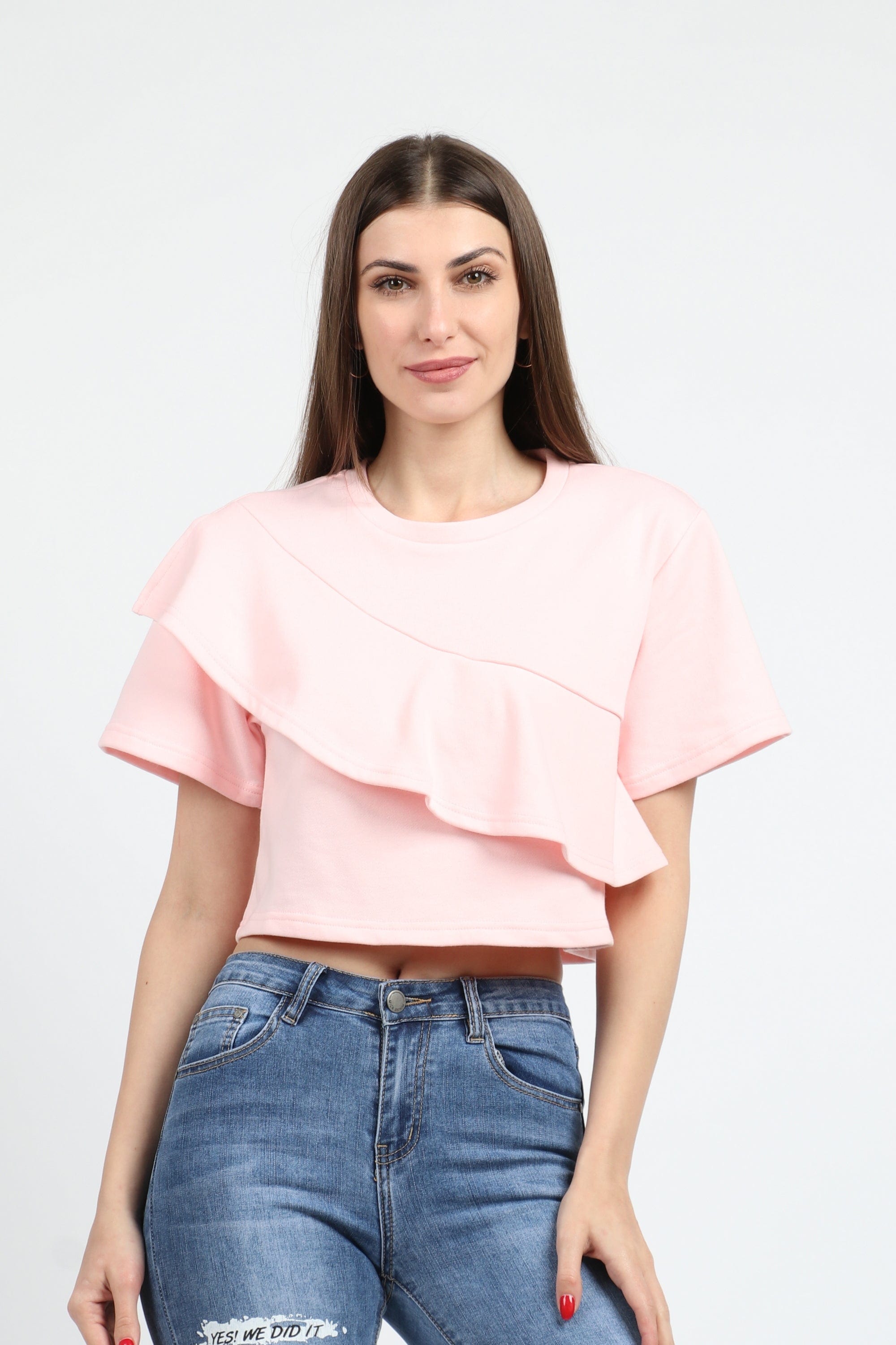 كيتشن بلوزة نص بطن كم قصير مع كشكشة نسائي